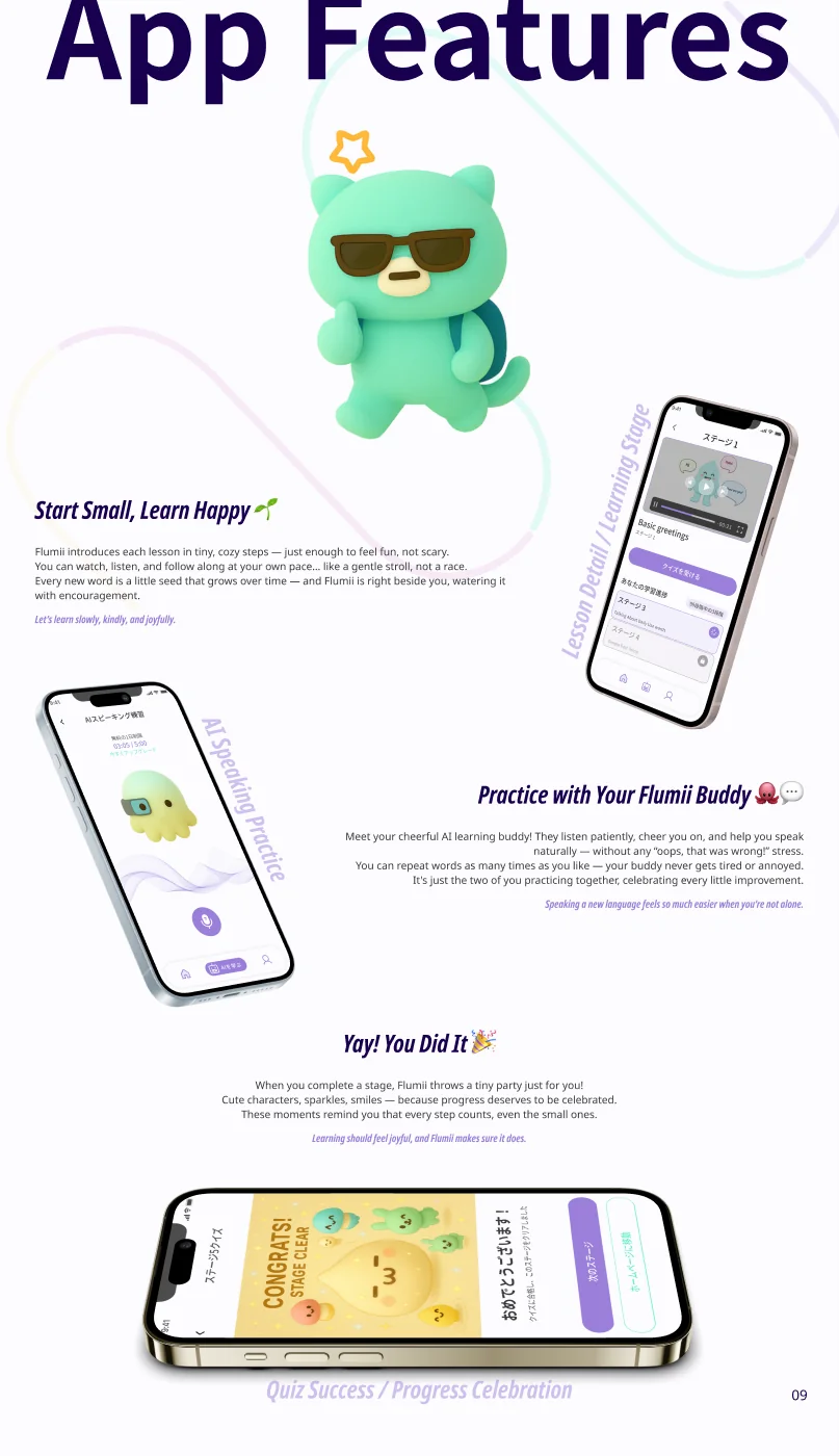 Flumii app screens — lessons, AI speaking practice, and progress celebration